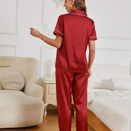 Pigiama in raso con ricamo a cuore, casual, manica corta, bottoni, colletto con risvolto, top e pantaloni, indumenti da notte da donna