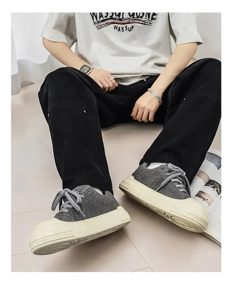 Toe Thick Sole Platform Men Sneakers Lace Up Patchwork Fashion New Trend Casual Trainer Shoes Thick Bottomed All Season