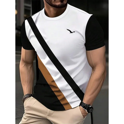 T-shirt con giunture geometriche stampate in 3D per uomo T-shirt con motivo a strisce colorate T-shirt casual estive con o-collo maniche corte larghe