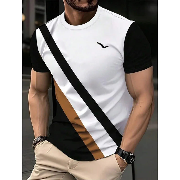 T-shirt con giunture geometriche stampate in 3D per uomo T-shirt con motivo a strisce colorate T-shirt casual estive con o-collo maniche corte larghe