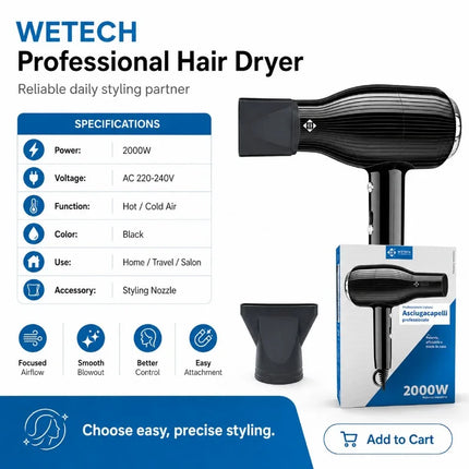 2000W WETECH Professional Hair Dryer AC 220‑240V Cold Air Blow Dryer Lightweight Black Hairdryer for Home Travel Salon Hair Styling