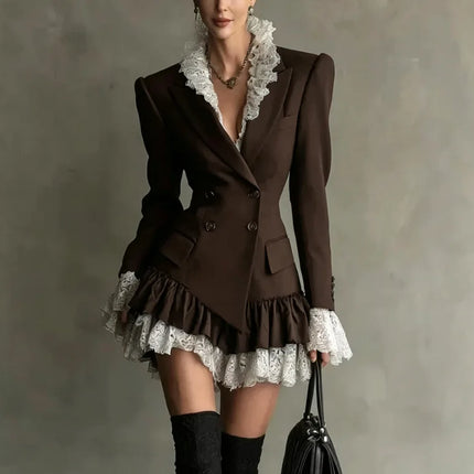 Chic Patchwork Lace Blazer Dress Women Autumn Winter Commute Lapel Long Sleeve Slim Fit Mini Dresses Double Breasted Suit Dress