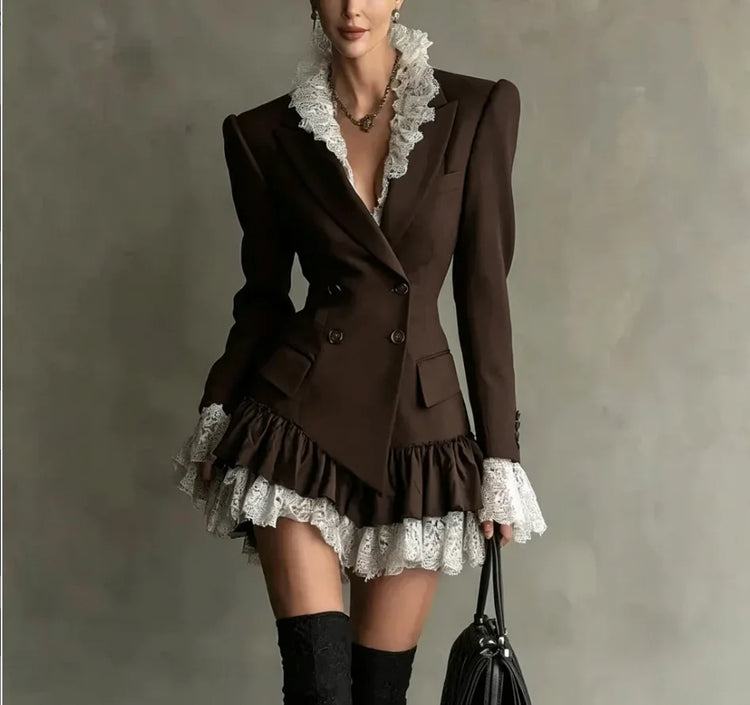 Chic Patchwork Lace Blazer Dress Women Autumn Winter Commute Lapel Long Sleeve Slim Fit Mini Dresses Double Breasted Suit Dress