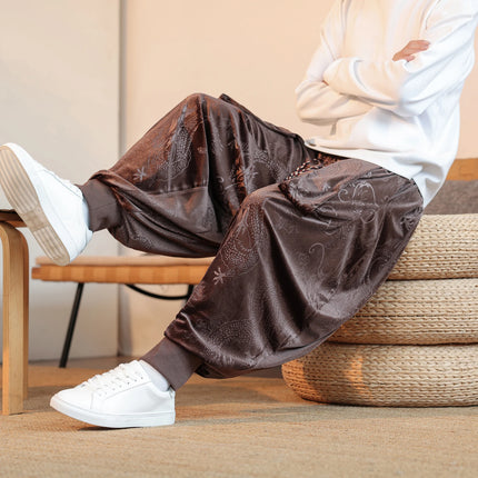 Pantaloni da uomo stile cinese retrò allentato drago scuro stampa pantaloni a gamba larga Kung Fu Tai Chi pantaloni casual tradizionali taglie forti 5XL