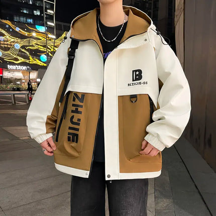 Fashion 2026 Spring Autumn Men's Hooded Casual Jacket Outdoor Windproof Loose Technical Coat Youth Streetwear Top Parka Clothing