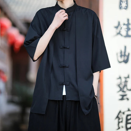 Camicia cinese da uomo in seta di ghiaccio stile cinese comoda camicia retrò traspirante da uomo casual estiva vestibilità ampia moda tinta unita