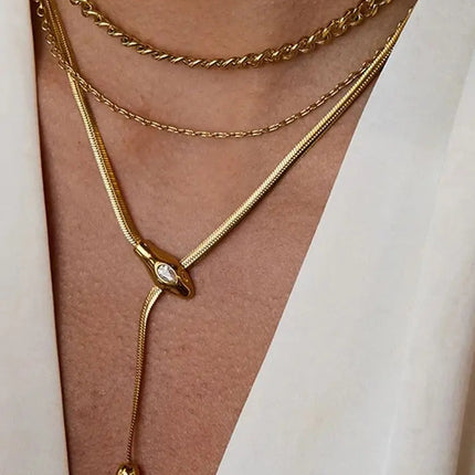 Uworld Simple Classic Zircon Serpentine Necklace 18K Gold Color Plated Stainless Steel Serpentine Chain Stackable Chain Women's PlatiNum