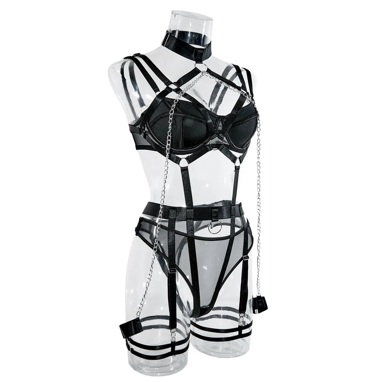 Fashion Sexy Seductive Chain Lingerie Four Piece Set Women's Solid Exotic Apparel Suit Female Stain Pure Desire Style Underwear