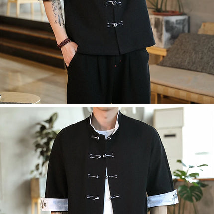 Nuovo gru ricamo top abbigliamento tradizionale cinese per uomo camicie vintage in lino a mezza manica colletto Madarin solido Hanfu Kungfu