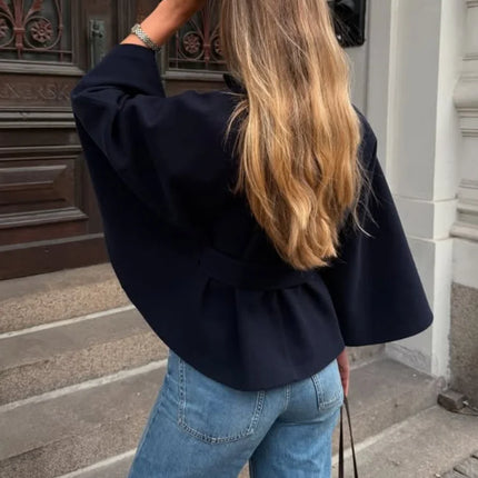 Elegant Women's Belt Short Woolen Coats Loose Stand Collar Single-breasted Long Sleeve Jacket 2026 Autumn Lady Commute Outwear