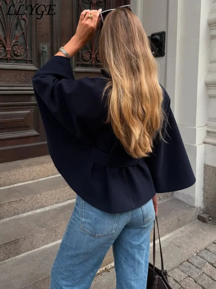 Elegant Women's Belt Short Woolen Coats Loose Stand Collar Single-breasted Long Sleeve Jacket 2026 Autumn Lady Commute Outwear