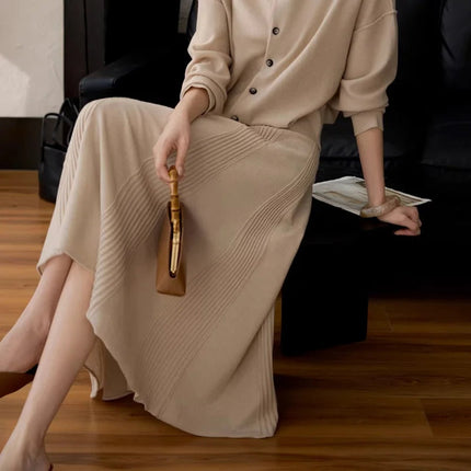 Birdtree,90% Wool 10% Cashmere Knitted Skirt For Women,Mid-Waist Casual Long Skirts,Commuting Style,2026 Spring New D61337JF PlatiNum