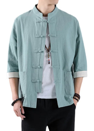Camicie in Stile Cinese per Uomo, Top Tradizionale Tang in Lino a Mezza Manica, Camicia Kung Fu Hanfu Vintage Casual, Taglie Grandi fino a 5XL