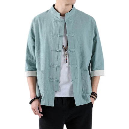 Camicie in Stile Cinese per Uomo, Top Tradizionale Tang in Lino a Mezza Manica, Camicia Kung Fu Hanfu Vintage Casual, Taglie Grandi fino a 5XL