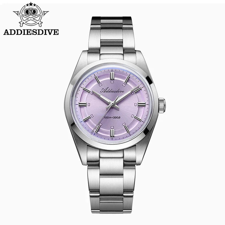 ADDIESDIVE New Men Watch Purple VH31 Quartz Wristwatch Diving 100m Waterproof BWG9 Luminous  316L Stainless Steel 36mm Watches