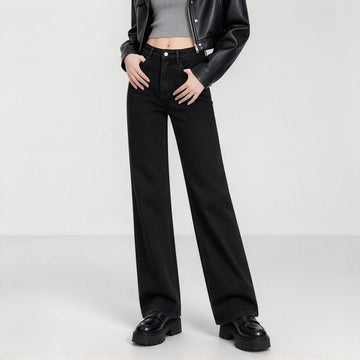 Minimalist black high-waisted straight-leg women’s jeans, in a relaxed-fit black denim with an elegant, casual style, perfect for a casual office look and versatile everyday wear FX-1338-1