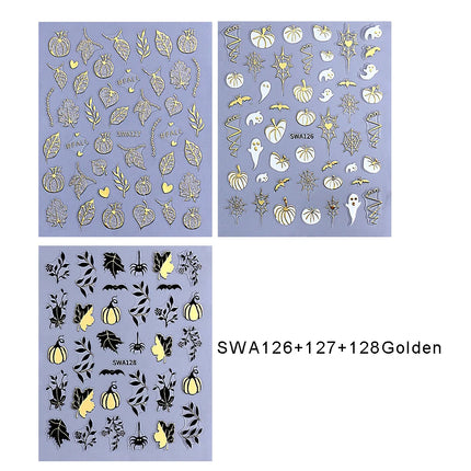 3pcs Autumn Nail Art Stickers Decal Golden Pumpkin Ghost Spider 3D Adhesive Slider for Halloween Thanksgiving Day Manicure Decor