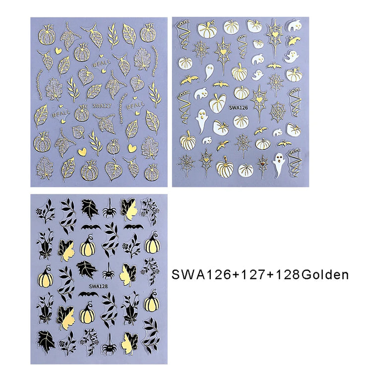 3pcs Autumn Nail Art Stickers Decal Golden Pumpkin Ghost Spider 3D Adhesive Slider for Halloween Thanksgiving Day Manicure Decor