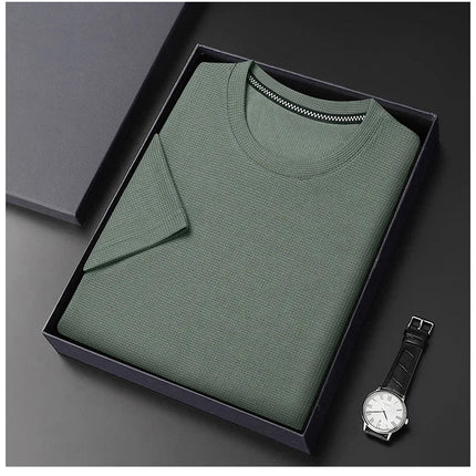 New Summer Waffle Round Neck Short Sleeved T-shirt for Men's Short Sleeved Top PlatiNum