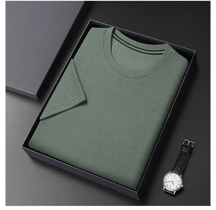 New Summer Waffle Round Neck Short Sleeved T-shirt for Men's Short Sleeved Top PlatiNum