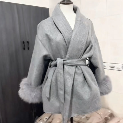 Women's Woolen Coat with Faux Fur Cuffs Belted Waist Short Autumn Winter Wrap Jacket