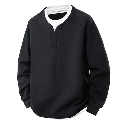 Spring and Autumn New Men Henley neck T Shirt Long Sleeve Casual  Solid color T-Shirt Fashion Waffle Fake two-piece Sweatshirts PlatiNum