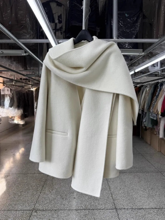 Scarf Collar 100%Wool Coat Women, Korean Fashion Elegant Outerwear, Loose Autumn Winter Jacket