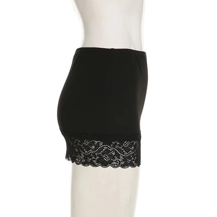 Halbkörperrock mit Sommersaum für Damen mit Spitzennaht und schwarzem, schmalen Halbkörperrock, sexy Disko-Hottie-Minirock-Kleid mit transparentem Unterrock