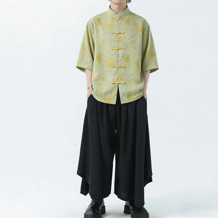 Camicie Estive da Uomo in Stile Cinese Tradizionale, Camicia Casual Kung Fu Tai Chi, Camicia di Lusso Jacquard Traspirante a Maniche Corte