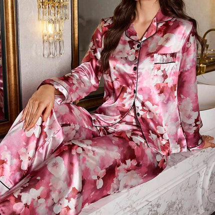 Pigiama da donna con stampa floreale color block, maniche lunghe e pantaloni in raso per un sonno confortevole, morbido pigiama e pigiama da notte
