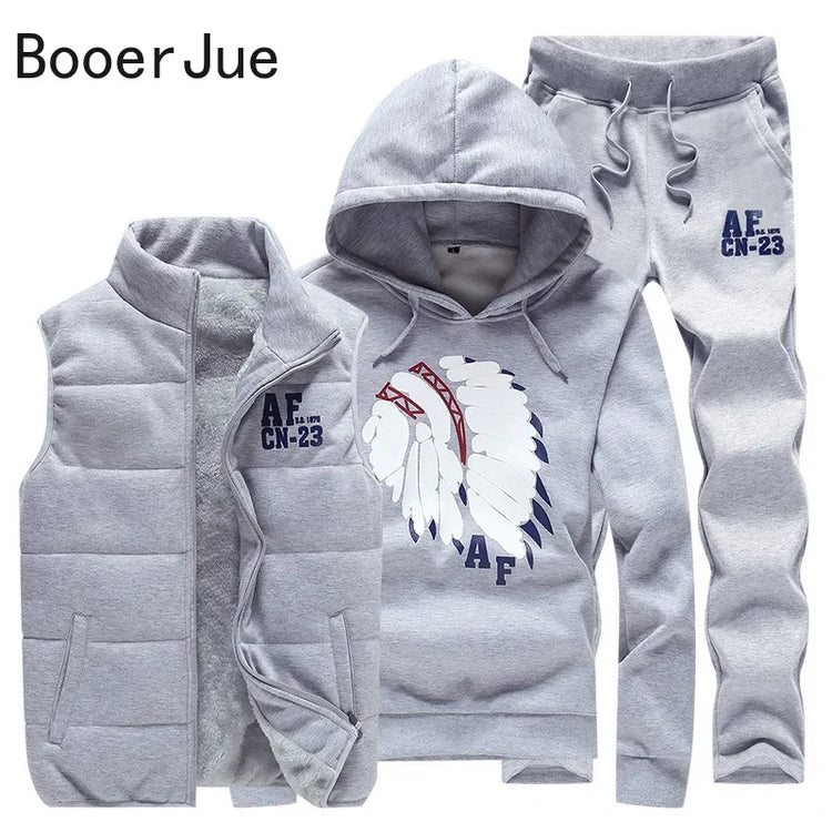 3 Pieces Set Hoodies+Vest+Pants Casual Men's Track Suit Clothing Coats Winter Thick Warm Tracksuit for Men Printed Mens Set Vest