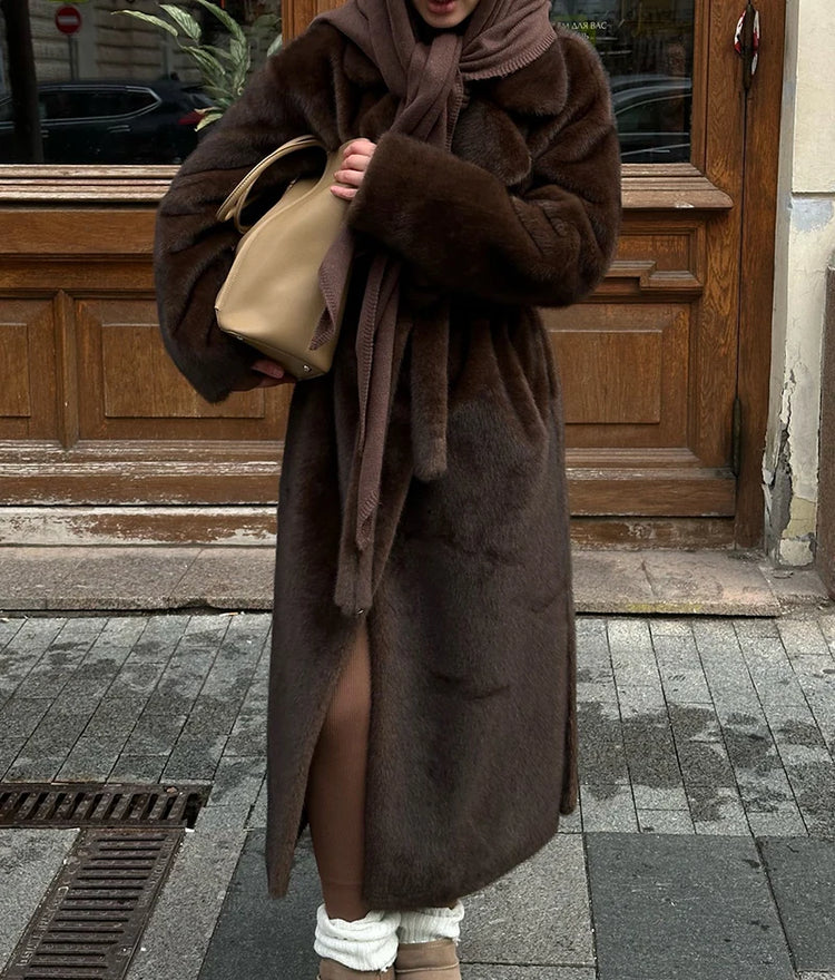 ZADORIN 110cm Long Lapel Belted Brown Faux Fur Coat Woman Elegant Mink Fur Faux Coat Fluffy Fur Jackets for Woman Winter Clothes