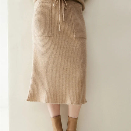 Yoyoselect 100% Cashmere Women's Skirts Autumn Winter Mid Calf Length Knitted Skirt Soft Versatile Quality OL Skirts Clothing PlatiNum