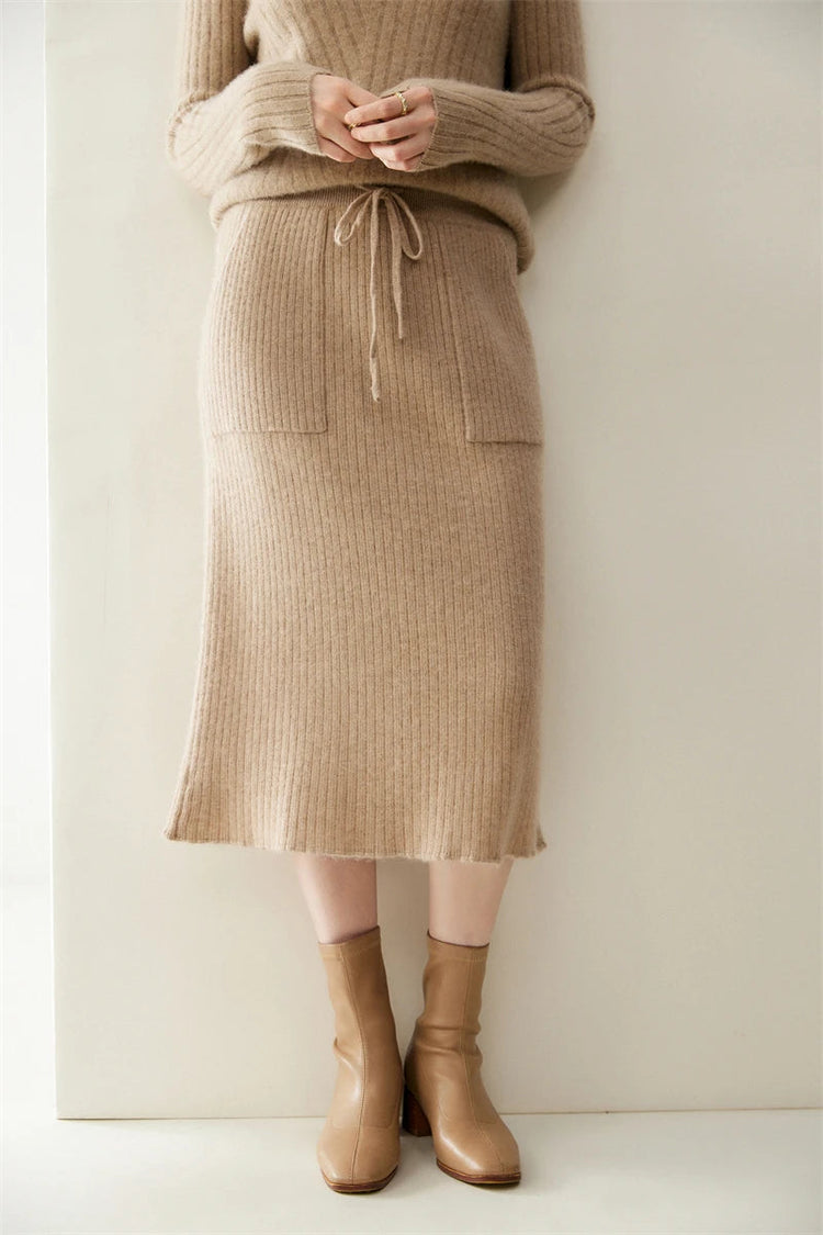 Yoyoselect 100% Cashmere Women's Skirts Autumn Winter Mid Calf Length Knitted Skirt Soft Versatile Quality OL Skirts Clothing PlatiNum