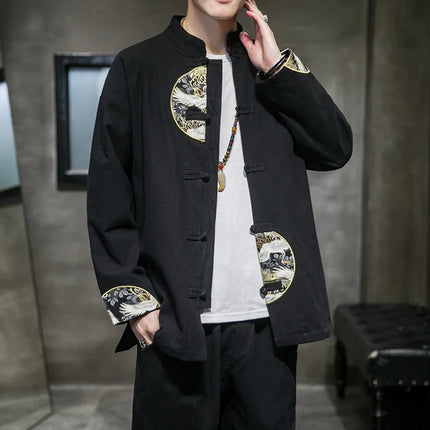 Camicie da uomo ricamate 2026 primavera stile cinese retrò colletto alla coreana giacca in cotone e lino cardigan da uomo Kungfu allentato casual Top