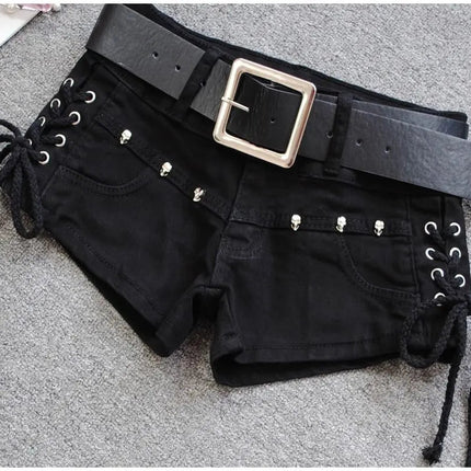 Korean Low Rise Denim Shorts 2024 - Riveted Lace Up Bodycon Black Hot Pants Vintage Cheeky Booty Summer TikTok Y2K Outfit PlatiNum