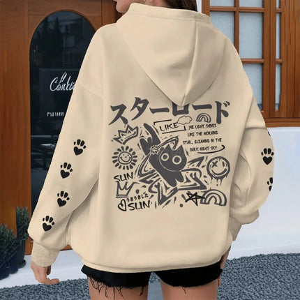 Japanese Style Cat Print Hoodies Women Men Harajuku Animal Streetwear Vintage Kitten Design Y2K Sudaderas