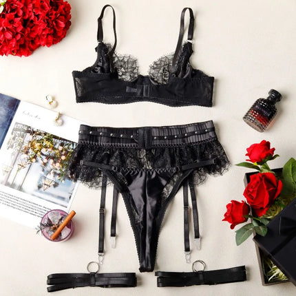 Toucheart Erotic Lingerie Lace See-through Bow Knot Decor Patchwork Body Shaping Hollow Intimate Women Flirt Hot Underwear Set