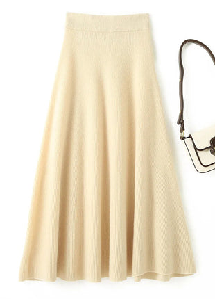 Chic New Women 100% Merino Wool Knitted A Line Skirt Solid Color Autumn Winter High Waist Preppy Style Soft Wool Midi Skirt PlatiNum