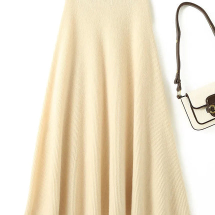 Chic New Women 100% Merino Wool Knitted A Line Skirt Solid Color Autumn Winter High Waist Preppy Style Soft Wool Midi Skirt PlatiNum