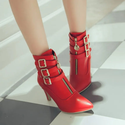 Women Shoes  Boots Spring High Heels Ankle Boots Pointed Toe Buckle  Boots Zip Ladies Shoes White Big Size 2023