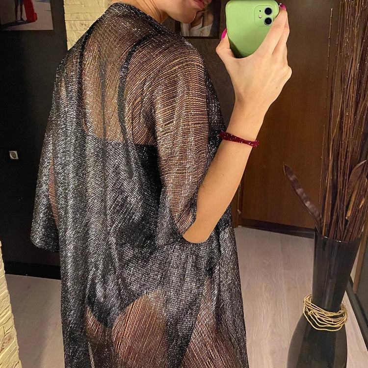 Nappa Oro Bikini Cover Up Abito da spiaggia sexy Tuniche per le donne Beachwear Nuova estate Vedere attraverso il costume da bagno Cover-up Caftano platinumshop