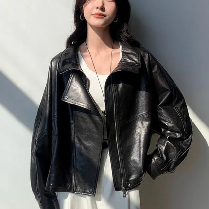 Waxed Sheepskin Genuine Leather Moto Biker Jacket Women Cropped Stand Collar Zip Up Snap Button Loose Casual Autumn Outwear 2026