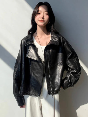 Waxed Sheepskin Genuine Leather Moto Biker Jacket Women Cropped Stand Collar Zip Up Snap Button Loose Casual Autumn Outwear 2026