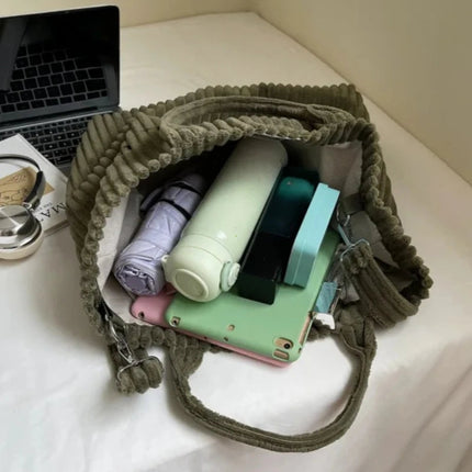 Large Capacity Striped Velvet Handbag Shoulder Bag for Woman Handbags Crossbody Bags, Versatile Letter Corduroy Women's Tote Bag PlatiNum