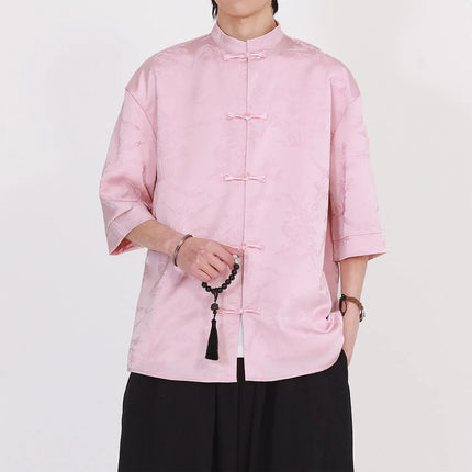 Camicie Estive da Uomo di Lusso in Jacquard Traspirante a Maniche Corte, Stile Cinese Tradizionale Kung Fu Tai Chi, Camicia Casual da Uomo