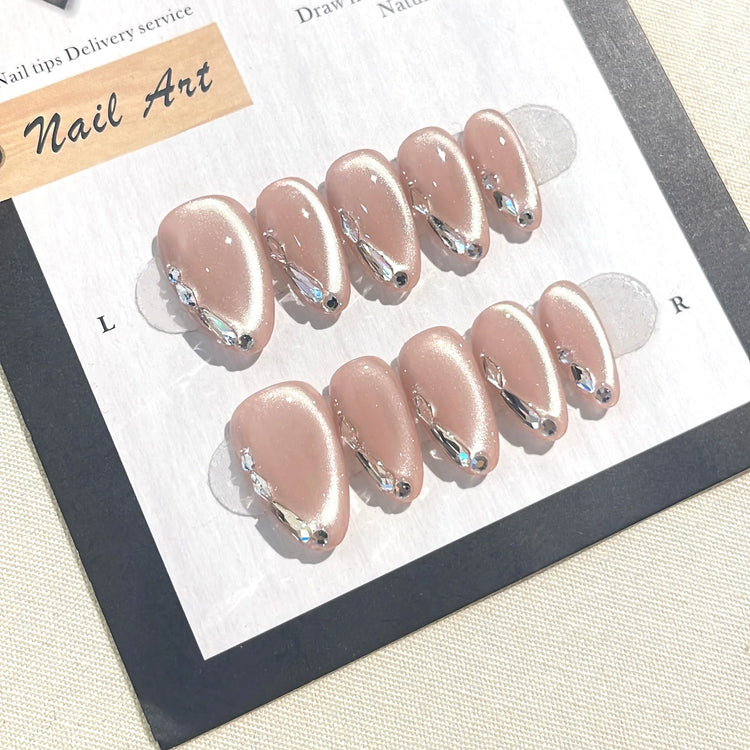 10PCS Original Handcrafted Nude Cat Eye Almond Press On Nails, Sparkling Rhinestone Artificial False Nails