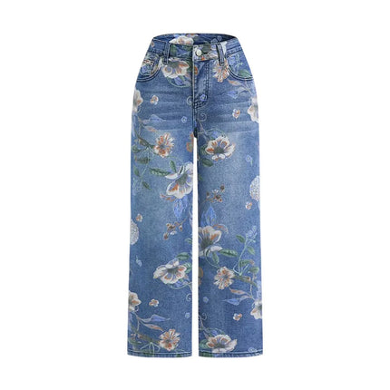 Jeans da donna con stampa Pantaloni a gamba larga Tasche a vita alta a tutta lunghezza Pantaloni dritti lavati in denim effetto consumato Casual invecchiato