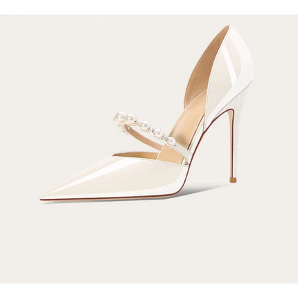 Scarpe da donna con tacco alto a punta Scarpe da sposa bianche francesi in raso con cinturino in strass e perle