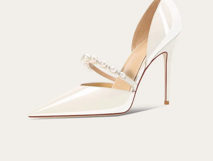 Scarpe da donna con tacco alto a punta Scarpe da sposa bianche francesi in raso con cinturino in strass e perle